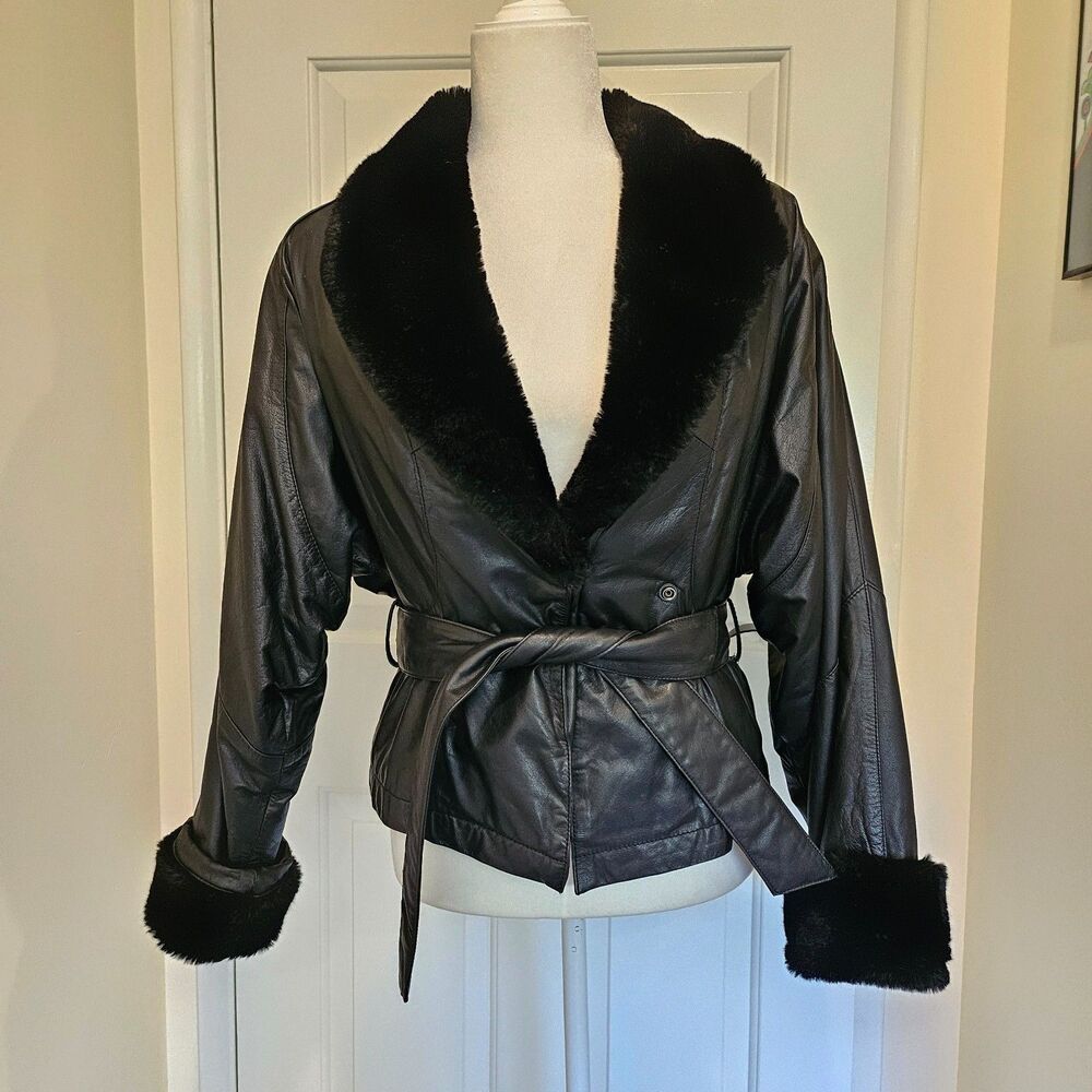 Vintage Retro Wilsons Leather Jacket Womens S Batwing Faux Fur Belted Short Moto